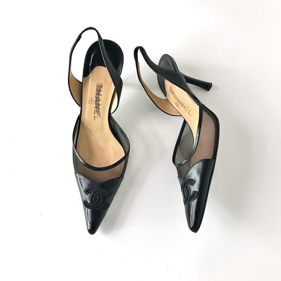 Vintage Chanel CC Logo Leather and Mesh Pointed Toe Slingback Pumps 38 - Picture 1 of 10